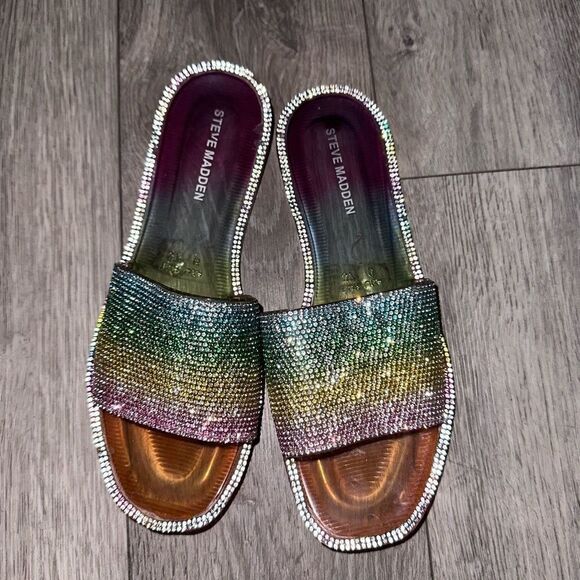 Steve Madden Rainbow Bejeweled Joyous Slides - Picture 1 of 3